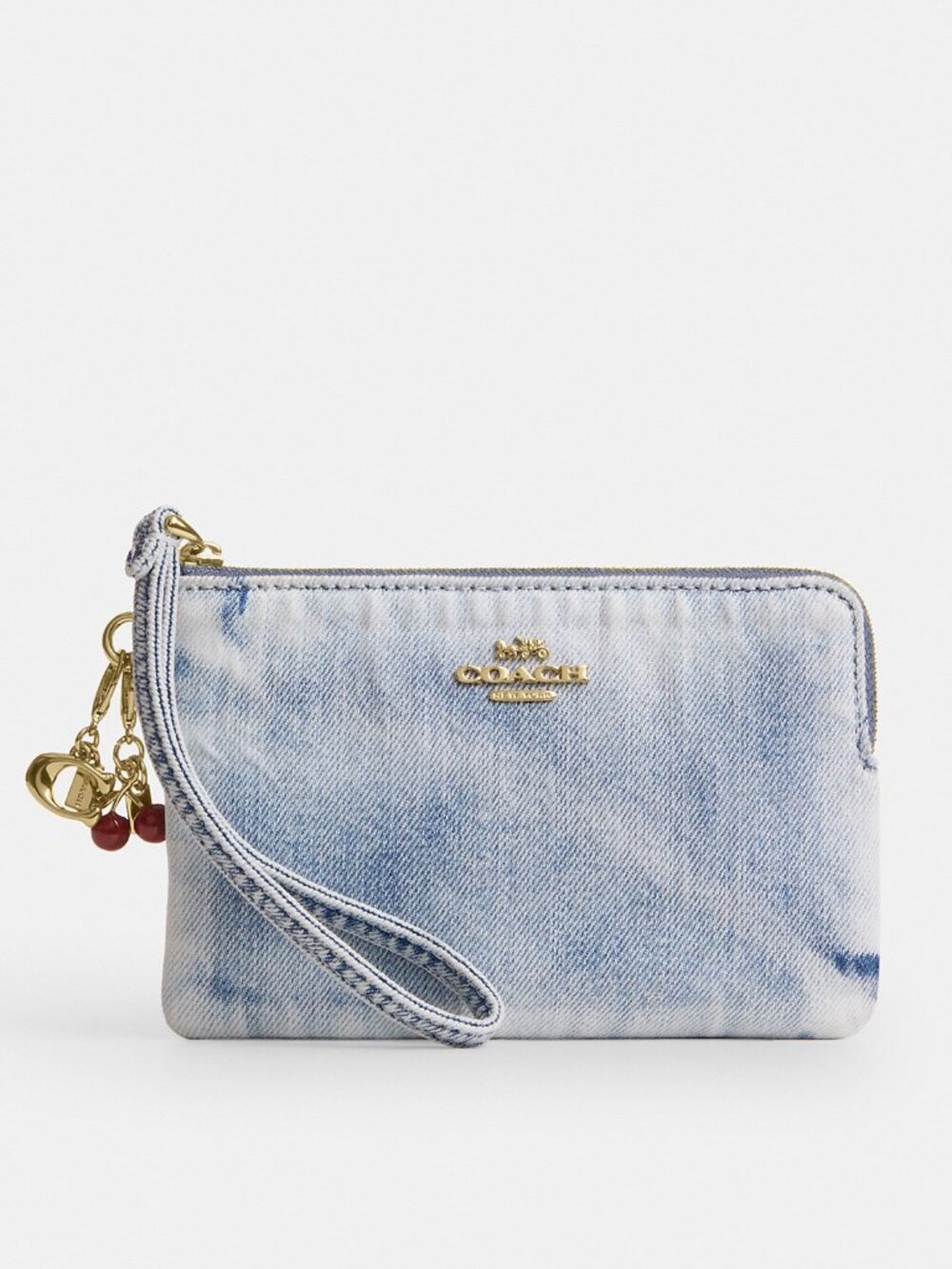 Coach Corner Zip Wristlet In Loved Denim With Charms